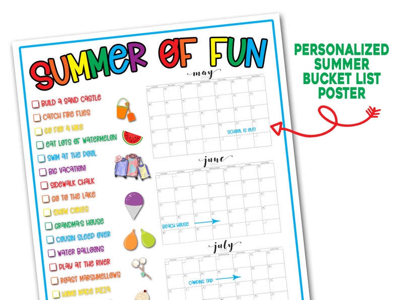Summer bucket list poster with handwritten notes and colorful decorations