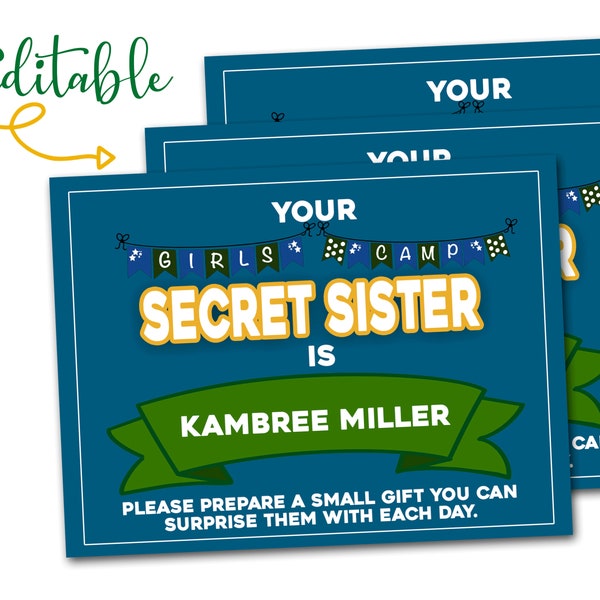 Young Women Girls Camp Secret Sister Cards, LDS Young Women Girls Camp, Editable, LDS Girls Camp, Editable, Printable, YW Camp