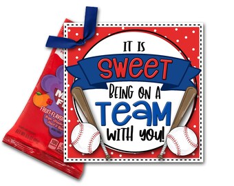 May include: A red and white baseball-themed gift tag with the text "It is sweet being on a team with you!"  The tag has a blue ribbon, two baseball bats, and two baseballs.