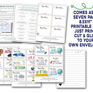 May include: Printable PDF download of seven pages of motivational encouragement cards. Each card has a different message and illustration. The cards are designed to be cut out and placed in envelopes for a fun and encouraging gift.