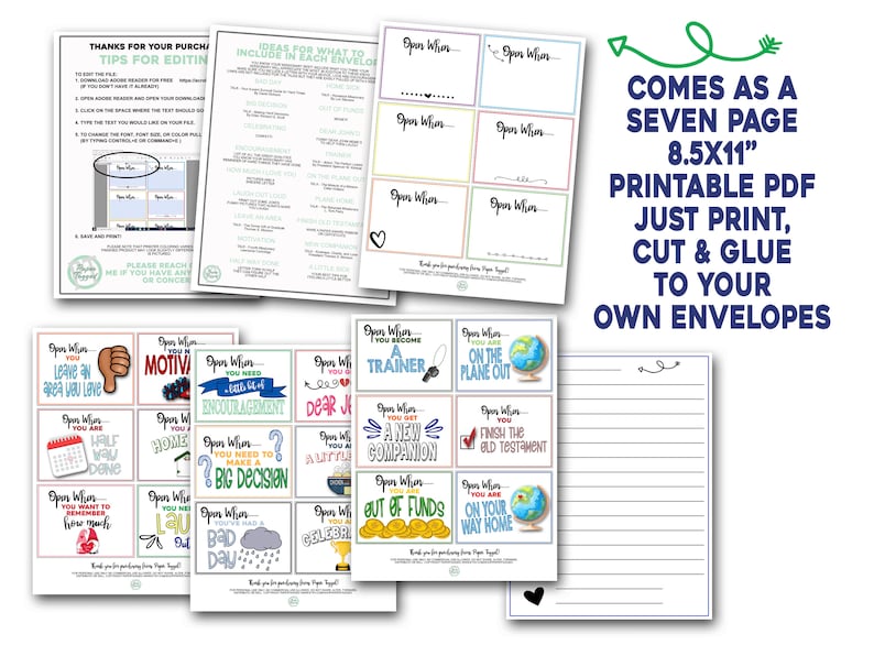 May include: Printable PDF download of seven pages of motivational encouragement cards. Each card has a different message and illustration. The cards are designed to be cut out and placed in envelopes for a fun and encouraging gift.