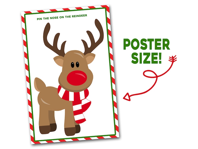 Pin the Nose on the Reindeer, Printable, Christmas Class Party Game, Poster Size Pin the Nose on the Reindeer, 20x30, 18x24, Holiday image 1