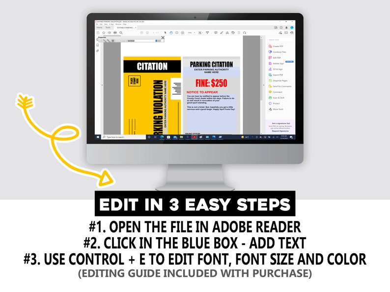 May include: A computer screen displaying a yellow and black parking citation template with the text "Parking Violation" and "Fine: $250". The text "Edit in 3 Easy Steps" is displayed below the screen. Instructions for editing the template are listed below the text.