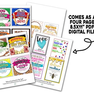 May include: Printable 8.5x11 inch PDF digital file with eight colourful cards featuring inspirational messages and illustrations. The cards include messages like "You are a Melon", "We think you are Fa-Boo-Lous", "S'more", "A Little Something to Brighten Your Day", "Take Note General Conference is Going to be Great", "Heavens Popping into a New Year", "Chip, Chip, Hooray! You are Loved Today!" and "Chocolate is an Amazing Gift but... Jesus Christ is a Greater Gift".
