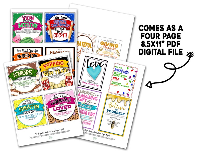 May include: Printable 8.5x11 inch PDF digital file with eight colourful cards featuring inspirational messages and illustrations. The cards include messages like "You are a Melon", "We think you are Fa-Boo-Lous", "S'more", "A Little Something to Brighten Your Day", "Take Note General Conference is Going to be Great", "Heavens Popping into a New Year", "Chip, Chip, Hooray! You are Loved Today!" and "Chocolate is an Amazing Gift but... Jesus Christ is a Greater Gift".
