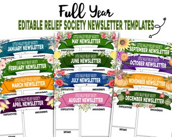 Relief Society Monthly Newsletter Template Bundle, Full Year of Relief Society Newsletters, Editable Newsletter Templet, Editable Newsletter