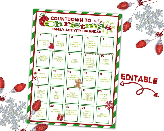 Christmas Countdown Calendar Printable Editable Christmas