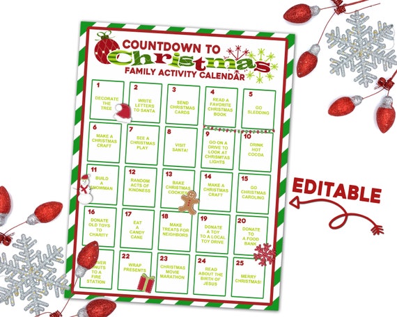 Christmas Countdown Calendar Printable Editable Christmas - Etsy