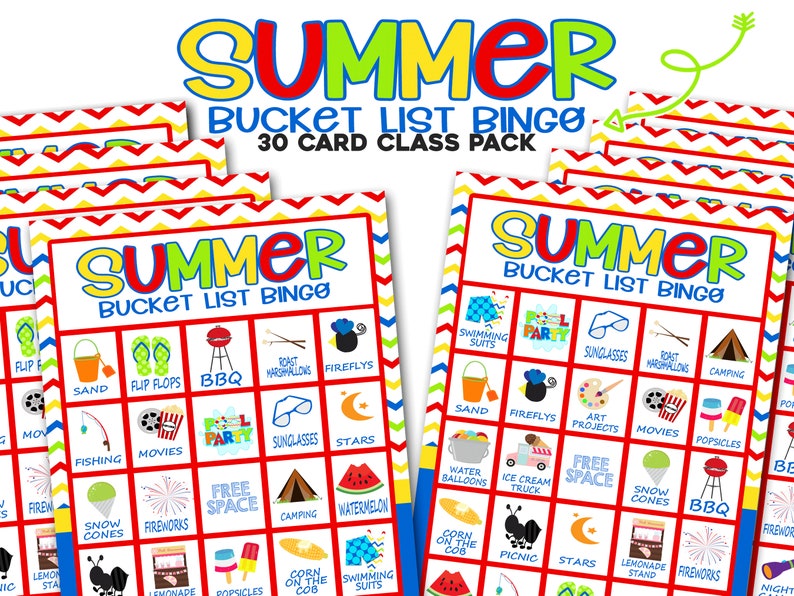 Puede incluir: Un conjunto de 30 tarjetas de bingo de lista de deseos de verano. Cada tarjeta tiene una cuadr&iacute;cula de 5x5 con actividades de verano como nadar, acampar y fuegos artificiales. Las tarjetas son rojas, amarillas y azules con un patr&oacute;n de chevron.