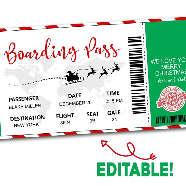 Christmas Boarding Pass Ticket Template, Surprise Airline Gift, Vacation Ticket, Christmas Trip Gift Reveal, Suprise Trip, Airplane Ticket