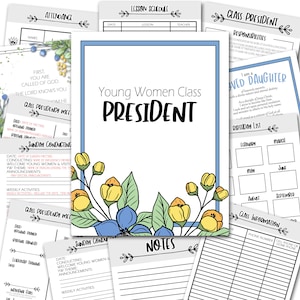 Könnte beinhalten: Druckbare Planerseiten für eine Präsidentin der Jungen Frauenklasse. Die Seiten beinhalten ein Klassenvorsitztreffen, die Leitung am Sonntag, Notizen, Anwesenheit, Stundenplan, Verantwortlichkeiten der Klassenpräsidentin, eine Bestätigung einer geretteten Tochter und eine Geburtstagsliste.