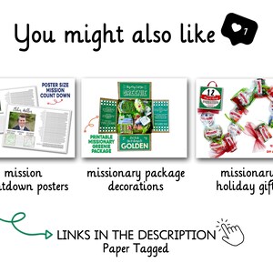 May include: Three images showing different missionary themed products. The first image shows a poster with a mission countdown. The second image shows a missionary package with greenie decorations. The third image shows a missionary holiday gift with a red and white wreath.