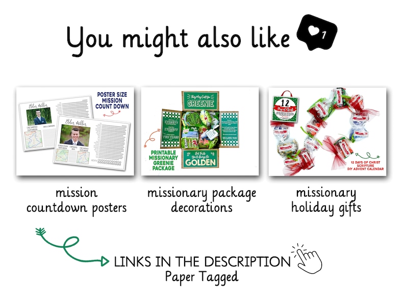 May include: Three images showing different missionary themed products. The first image shows a poster with a mission countdown. The second image shows a missionary package with greenie decorations. The third image shows a missionary holiday gift with a red and white wreath.