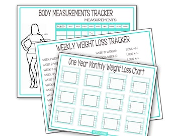 Weight Loss Recording Charts, Monthly Weight Loss Chart, Body Measurements Chart, Yearly Record for Weight Loss, Weight Loss, Weekly Weight