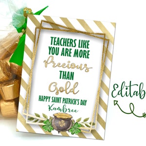 Saint Patrick&#39;s Day Teacher Appreciation Idea, Teacher Gift Tag, Teacher Like You, More Precious than Gold, Easy Teacher Gift Tag, Printable