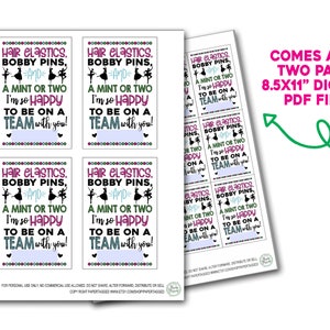 May include: Four printable gift tags with a pink and green color scheme. The tags feature a ballerina silhouette and the text "Hair Elastics, Bobby Pins, and a Mint or Two. I'm so Happy to be on a Team with you!"