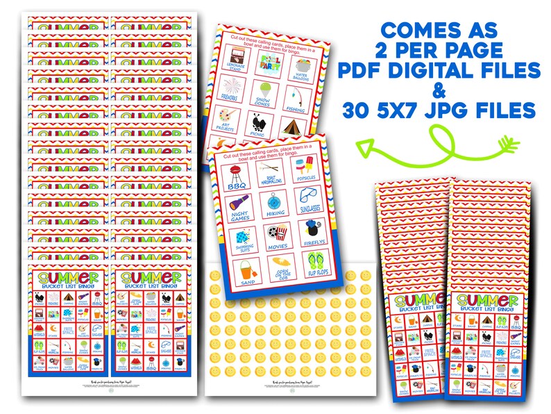 Puede incluir: Dos tarjetas de bingo de lista de deseos de verano imprimibles con un borde azul, rojo y amarillo. Las tarjetas tienen 25 casillas con actividades de verano como acampar, nadar y fuegos artificiales. Las tarjetas se acompa&ntilde;an de 30 archivos JPG individuales de 5x7 pulgadas y 2 archivos PDF con dos tarjetas por p&aacute;gina.