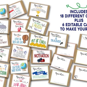 May include: A set of 18 different cards with prompts such as "Open When You Are Home Sick" and "Open When You Need Motivation". There are also 6 blank cards to make your own.
