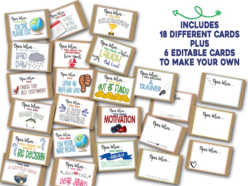 May include: A set of 18 different cards with prompts such as "Open When You Are Home Sick" and "Open When You Need Motivation". There are also 6 blank cards to make your own.