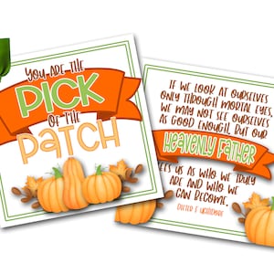 以下が含まれることがあります： 秋のテーマのデザインが施された印刷可能なカードが2枚。最初のカードは、かぼちゃ畑に「You are the pick of the patch」というテキストが書かれています。2枚目のカードは、かぼちゃに「もし私たちが自分自身を肉眼でしか見ることができないなら、私たちは自分自身を十分に良く見ることができないかもしれません。しかし、私たちの神の父は、私たちが本当に何者であるか、そして私たちが何者になれるのかを見ています。ディーター・F・ウッヒドルフ」というテキストが書かれています。