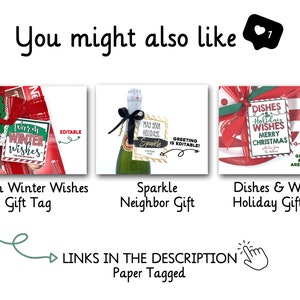 May include: Three printable gift tags with festive designs for the holidays. The tags feature a red and green striped plate, a bottle of champagne, and a box of chocolates. The text on the tags reads "Warm Winter Wishes", "Sparkle", and "Dishes & Wishes Merry Christmas".