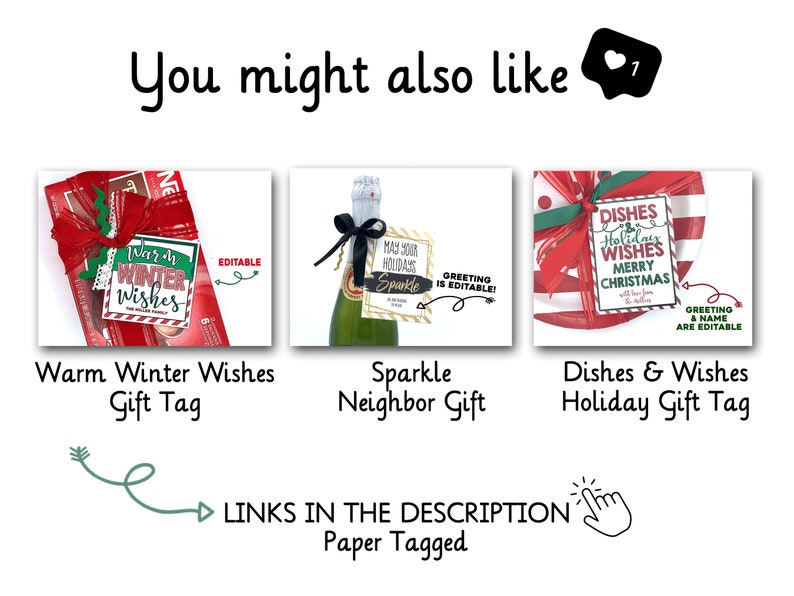 May include: Three printable gift tags with festive designs for the holidays. The tags feature a red and green striped plate, a bottle of champagne, and a box of chocolates. The text on the tags reads "Warm Winter Wishes", "Sparkle", and "Dishes & Wishes Merry Christmas".