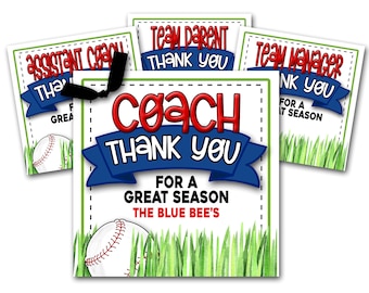 May include: Four printable thank you cards for a coach, assistant coach, team parent, and team manager. The cards feature a baseball, green grass, and blue and red text that says "Coach Thank You" and "For a Great Season".