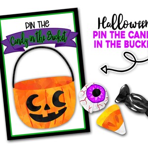 Halloween Pin the Candy in the Bucket Spiel, druckbare Halloween Party Kinderspiel, Klasse Partyspiel, Postergröße, zu Hause drucken Pin the Candy