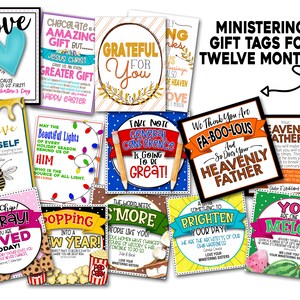 May include: A set of 12 colourful gift tags with religious themes and messages. The tags feature various designs, including hearts, lights, popcorn, and watermelons. The text on the tags includes phrases like "Love", "Believe in Yourself", "Hooray! You are Loved", "Grateful for You", "Take Note General Conference is Going to be Great!" and "We Think You Are Fa-Boo-Lous".