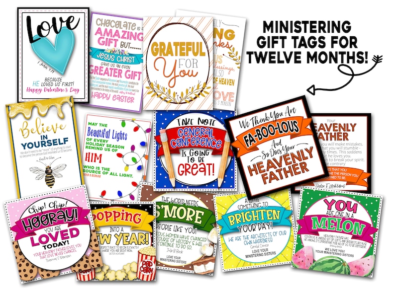 May include: A set of 12 colourful gift tags with religious themes and messages. The tags feature various designs, including hearts, lights, popcorn, and watermelons. The text on the tags includes phrases like "Love", "Believe in Yourself", "Hooray! You are Loved", "Grateful for You", "Take Note General Conference is Going to be Great!" and "We Think You Are Fa-Boo-Lous".