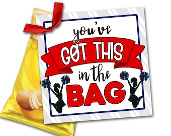 May include: A red, white, and blue cheerleading themed gift tag with the text "you've GOT THIS in the BAG".