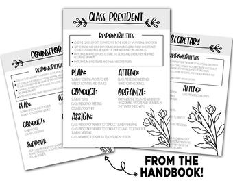 Young Women Class Presidency Responsibilities Sheets, Responsibilities of Young Women Class Presidency, Class Presidency Binder Sheet, Print