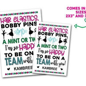 May include: Two printable signs with a pink and green color scheme. The signs feature a ballerina silhouette and the text "Hair Elastics, Bobby Pins, and a Mint or Two. I'm so Happy to be on a Team with you!" The signs are available in two sizes: 2x3 inches and 3x4.5 inches.