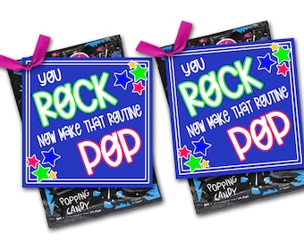Cheerleading Good Luck Favor Tags, You Rock Now Make That Routine Pop, Dance Good Luck Favor, Gymnastics Team Gifts, Treat Tags, Team Game