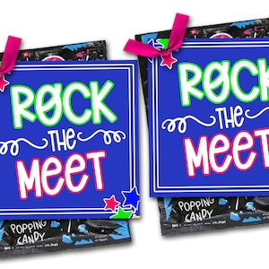 Gimnasia Competición Treat Tags, Cheerleading Good Luck Favor Tags, Rock The Meet, Track and Field Good Luck Favor, Treat Tags, Team Game