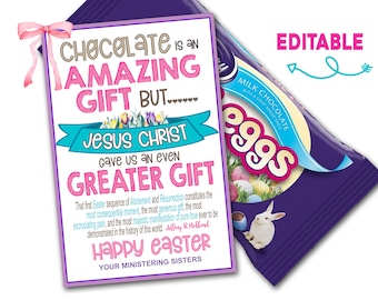 Könnte beinhalten: Eine druckbare Osterkarte in den Farben Lila, Rosa und Blau. Die Karte zeigt eine Schokoladen-Eier-Tüte und den Text "Schokolade ist ein tolles Geschenk, aber... Jesus Christus hat uns ein noch größeres Geschenk gegeben." Die Karte enthält auch den Text "Frohe Ostern" und "Deine diensthabenden Schwestern".