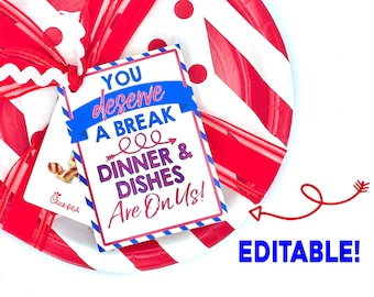 Teacher Gift, Teacher Appreciation, Printable Back to School Gift, You Deserve a Break, Dinner and Dishes, Teacher Back to School Gift,