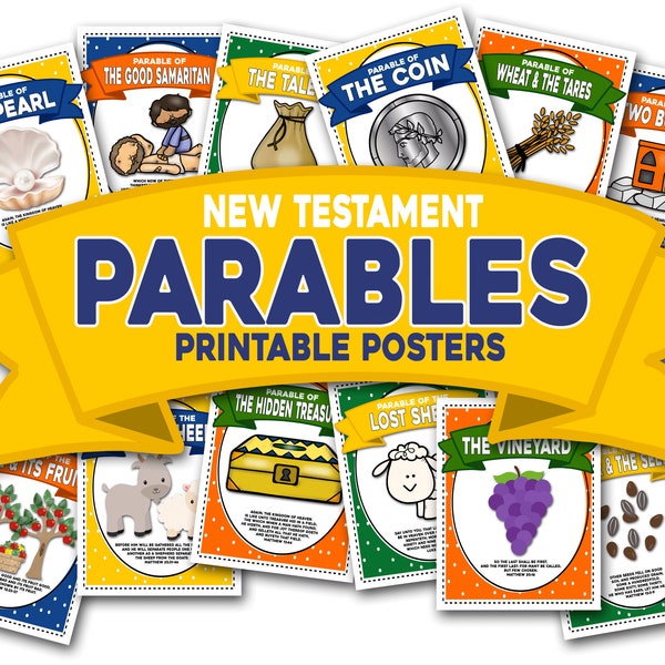 Parable Bible Story Posters, 12 Small Printable Posters of New Testament Parables, Bible Stories, Come Follow Me 2023, Primary 2023