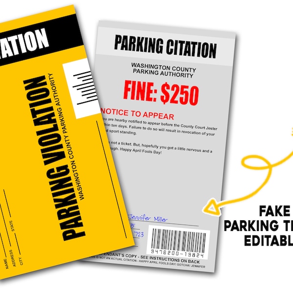 Fake Parking Ticket, Parking Citation, April Fools' Day Joke, Printable April Fools' Day Joke, April Fools' Day Prank, Fake Ticket Printable