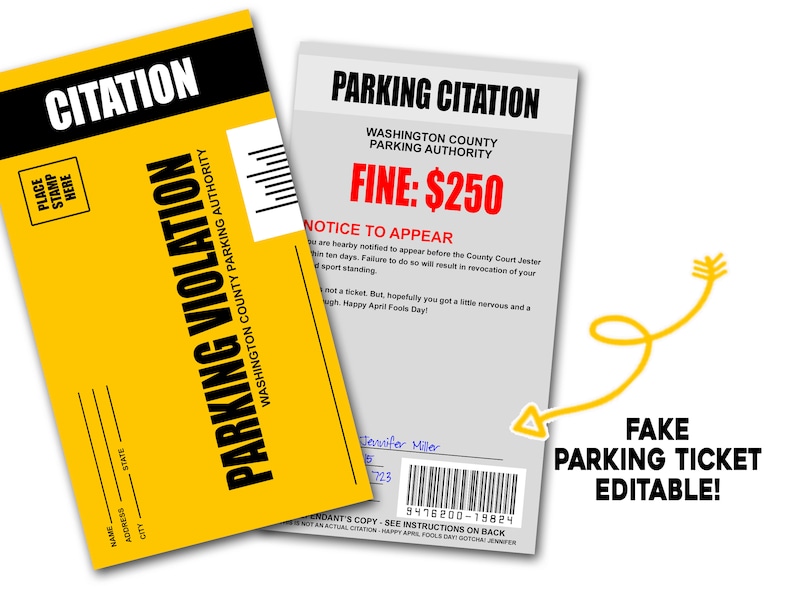 May include: A yellow and black fake parking ticket with the text "Parking Violation" and "Citation". The back of the ticket has the text "Parking Citation", "Washington County Parking Authority", "Fine: $250", and "Notice to Appear".