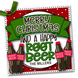 May include: A red and white Christmas card with green text that reads "Merry Christmas and a Happy Root Beer" with four brown bottles of root beer that say "Root Beer" on the label. The card also has the text "The Millers" at the bottom.