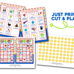 Puede incluir: Dos tarjetas de bingo de lista de deseos de verano imprimibles con un dise&ntilde;o colorido. Las tarjetas presentan actividades de verano como acampar, pescar y helados. Las tarjetas est&aacute;n rodeadas de una hoja de caras sonrientes amarillas y dos hojas de tarjetas de llamada con actividades de verano.