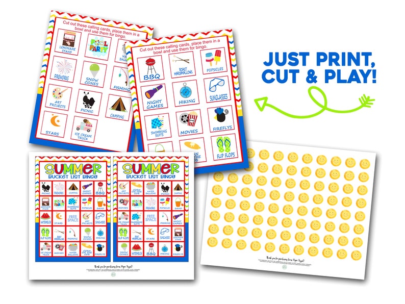 Puede incluir: Dos tarjetas de bingo de lista de deseos de verano imprimibles con un dise&ntilde;o colorido. Las tarjetas presentan actividades de verano como acampar, pescar y helados. Las tarjetas est&aacute;n rodeadas de una hoja de caras sonrientes amarillas y dos hojas de tarjetas de llamada con actividades de verano.
