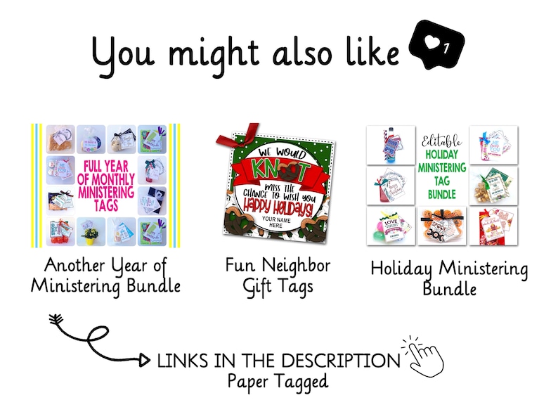 May include: A collage of three images showcasing printable gift tags for various occasions. The first image shows a full year of monthly ministering tags. The second image shows a fun neighbour gift tag with a red and green design. The third image shows a set of editable holiday ministering tags. The text "LINKS IN THE DESCRIPTION Paper Tagged" is also included.