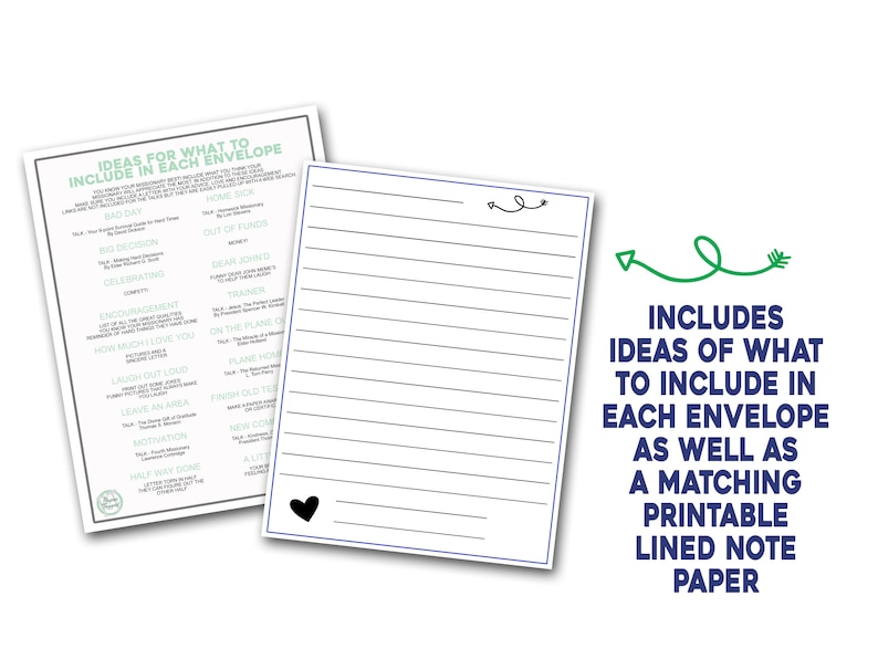 May include: Printable lined note paper with a heart at the bottom and a list of ideas for what to include in each envelope. The text includes "Ideas for what to include in each envelope" and "Includes ideas of what to include in each envelope as well as a matching printable lined note paper".