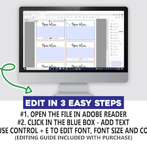 May include: A computer screen showing a PDF document with a set of printable gift tags. The tags are colourful and have the text "Open When..." on them. The text on the screen also includes instructions on how to edit the tags using Adobe Reader.