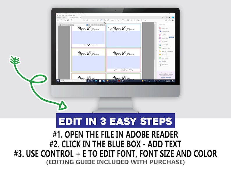 May include: A computer screen showing a PDF document with a set of printable gift tags. The tags are colourful and have the text "Open When..." on them. The text on the screen also includes instructions on how to edit the tags using Adobe Reader.