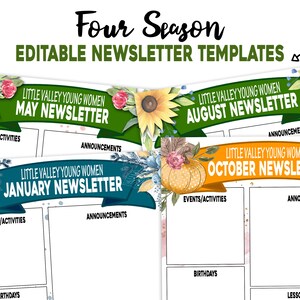 May include: Four editable newsletter templates featuring different seasonal themes: May with green foliage, August with sunflowers, October with pumpkins, and January with winter greenery. Each template includes sections for events, announcements, birthdays, and lesson schedules.