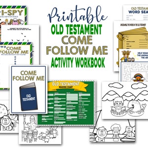 May include: A collection of printable Old Testament activity workbooks. The workbooks include an I-Spy game, an A to Z activity, a word search, a reading chart, and coloring pages. The title "Printable Old Testament Come Follow Me Activity Workbook" is displayed.