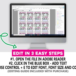 May include: A computer screen displaying a digital file with a pink background and text that reads "Hair Elastics Bobby Pins, A Mint or Two To Be On A Team". The screen is showing instructions on how to edit the file in Adobe Reader.
